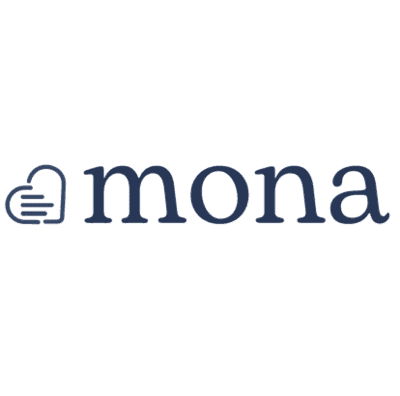 Mona logo with a stylized heart icon on the left and 'mona' in dark blue text.