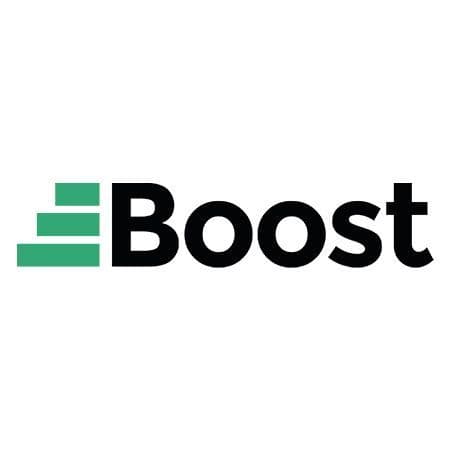 Boost logo with a green stepped arrow icon rising upwards.