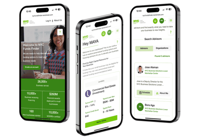 Three iPhones display a financial app showing welcome, investment opportunities, and network screens.