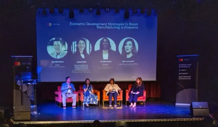 Panelists Lee Mathews, Lauren Hyde, LaVada Varner, and Ellen Jackowski, Chief Sustainability Officer at Mastercard, discuss strategies to boost manufacturing and technology innovation in Alabama.