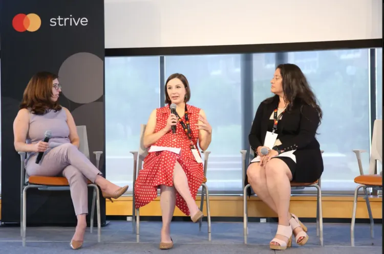 From left to right: Victoria Brown, Senior Director of Programs and Implementation for Mastercard Strive USA at DAI; Hannah Gooding, Director of Partnerships at Nest, and; Nadia Villagrán, Rural LISC Director & Vice President at LISC.