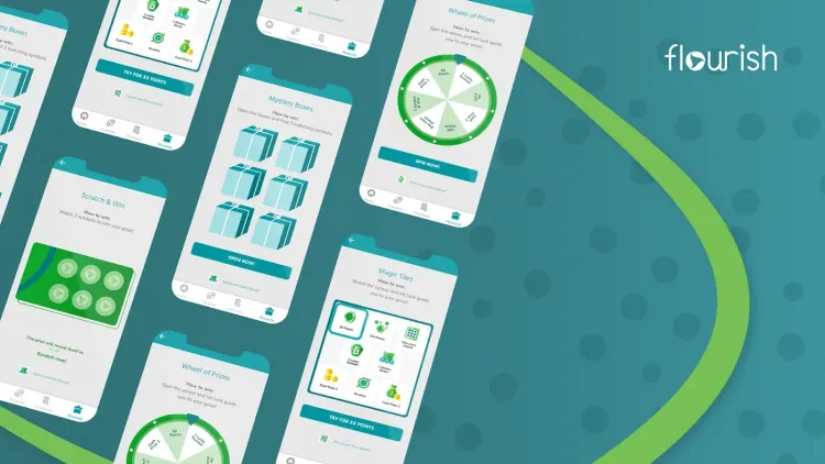 Multiple smartphone screens display the "Flourish" financial wellness app with green and white interfaces.