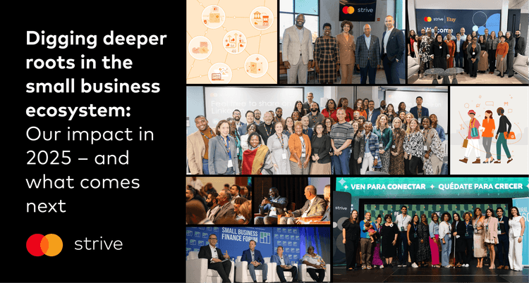 Collage about small business ecosystem with text 'Digging deeper roots' and diverse people.