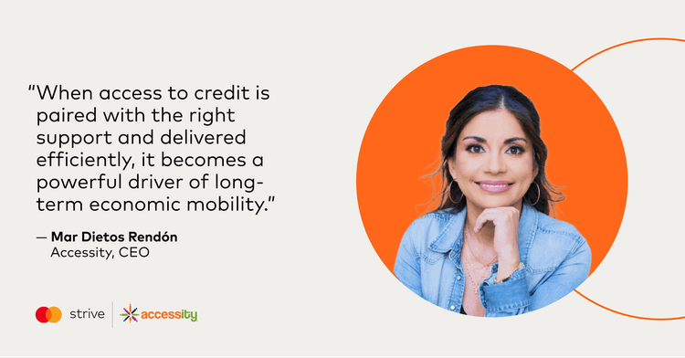 Mar Dietos Rendón, CEO of Accessity, smiles next to a quote on economic mobility.