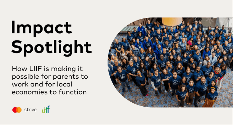 Large group of people in blue shirts with 'Impact Spotlight' title and mission statement.