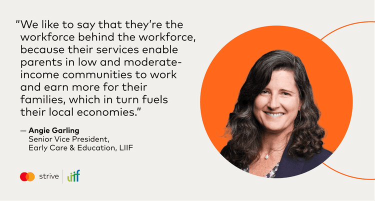 Angie Gorling smiles, next to her quote about supporting the workforce and economy.