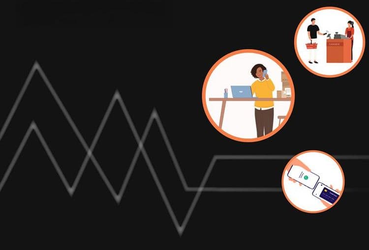 Abstract background with three circular icons: tasks, remote work, and mobile scanning.