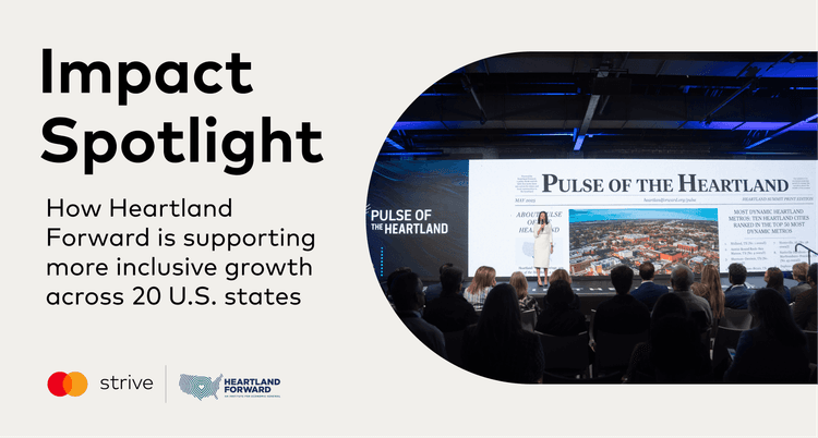 "Impact Spotlight" graphic next to a speaker presenting "Pulse of the Heartland" to a seated audience.