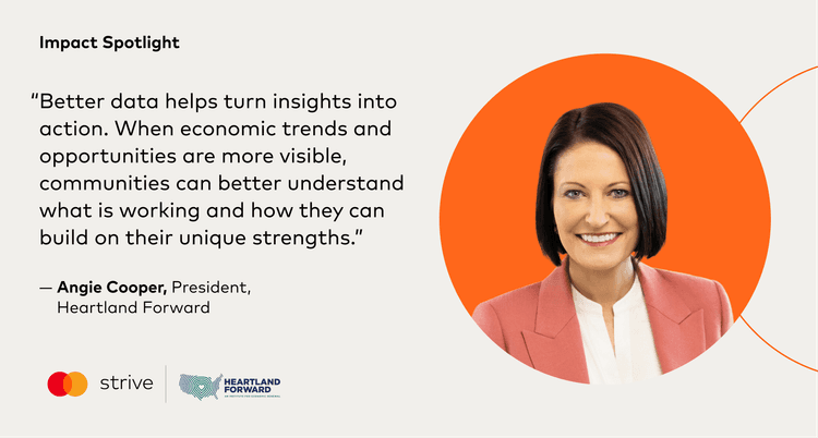Angie Cooper, President of Heartland Forward, smiles next to her quote on data's impact.